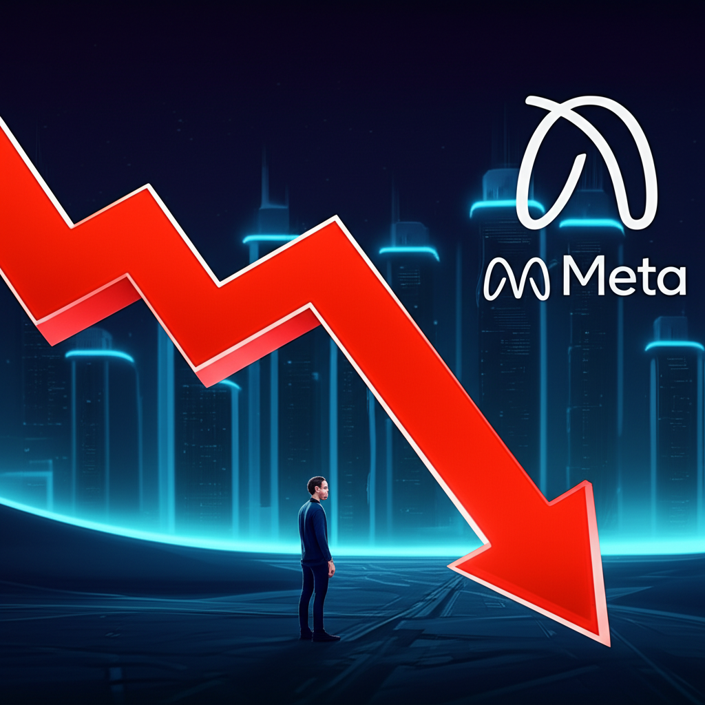 Meta財務虧損圖表與祖克柏元宇宙願景的插圖,代表現實挑戰