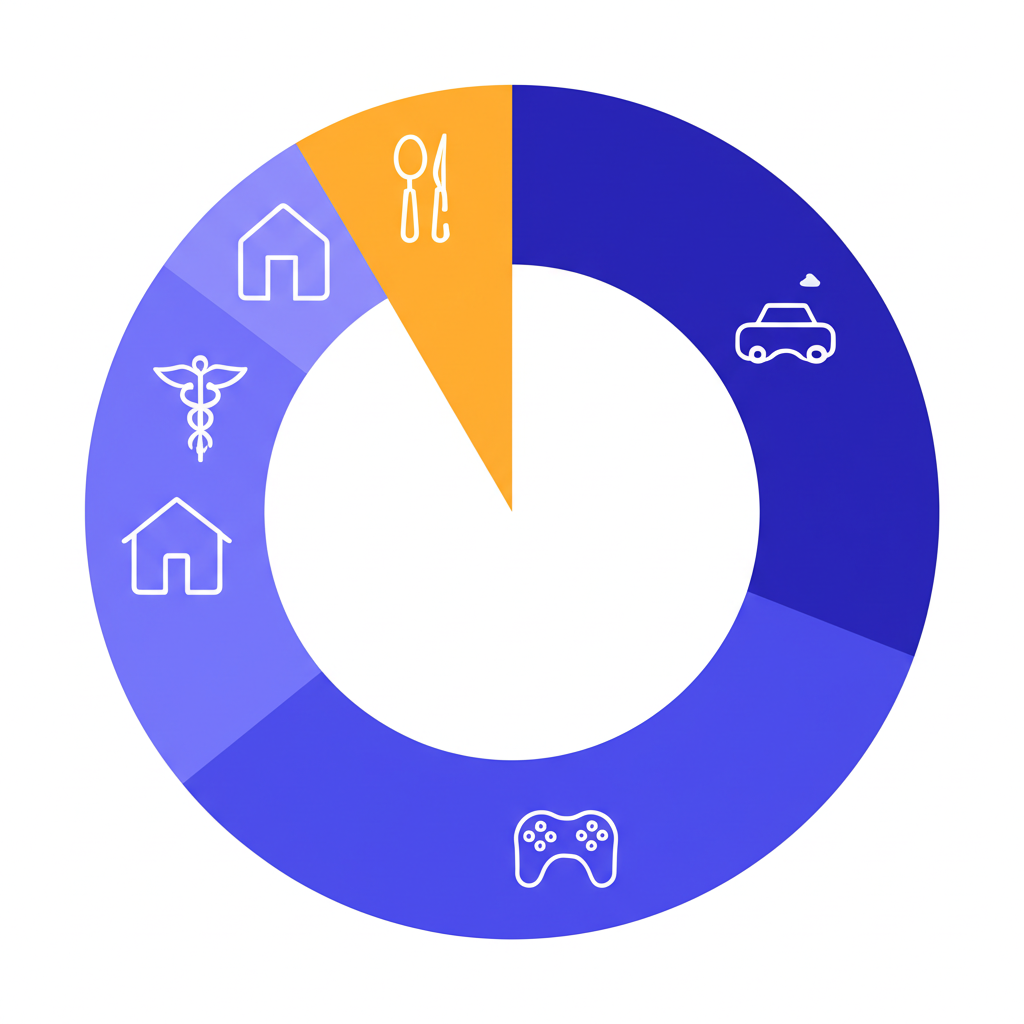 An illustration of a stylized household budget pie chart with icons for food housing transport medical and entertainment expenses showing CPI components