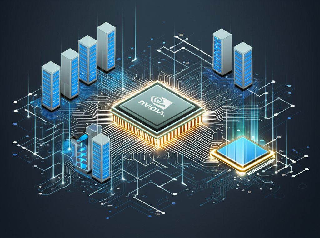 Nvidia's AI chips glowing at the center surrounded by data centers and digital networks, illustrating its leadership in driving tech market records