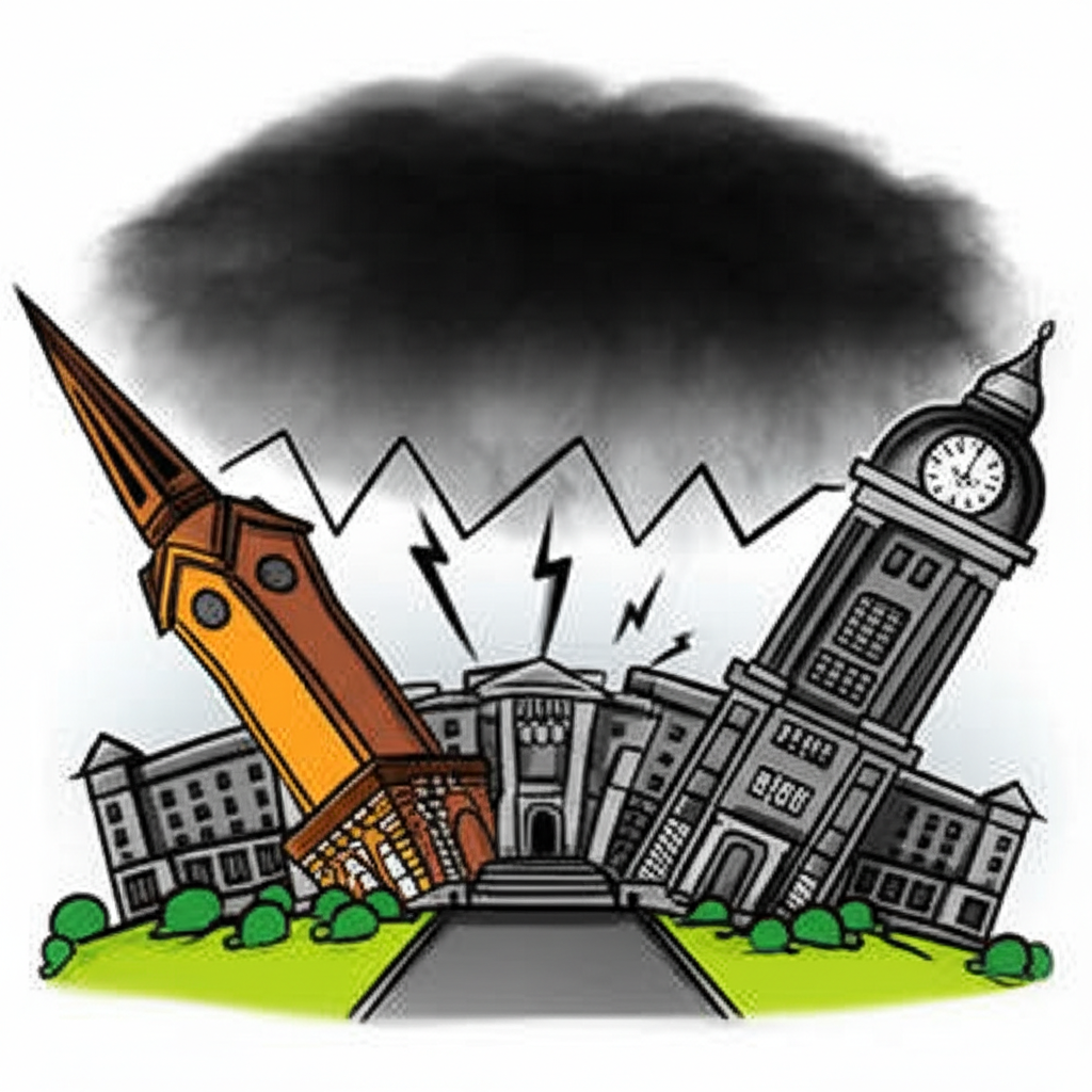 南非政治不穩與貪腐插圖,政府建築搖晃並籠罩不信任的陰雲