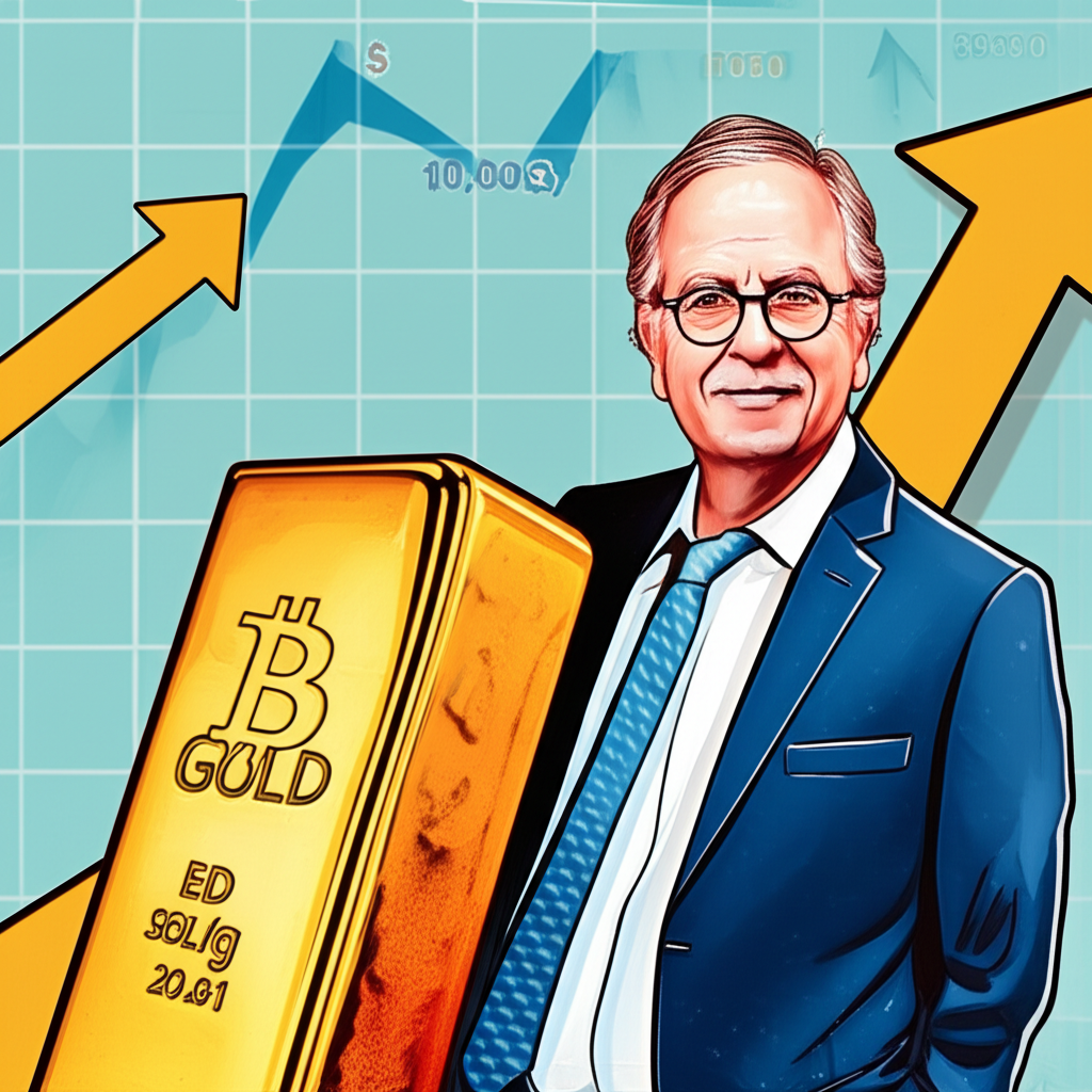 Ed Yardeni 自信站立於巨型金條旁,背景為黃金價格圖表直衝10,000美元的插圖