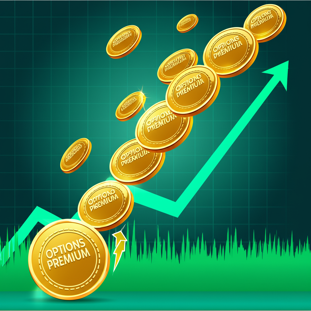 選擇權權利金增長示意圖:小幣快速倍增成多枚幣,伴隨股票圖表上漲箭頭,象徵市場波動帶來的價值爆發