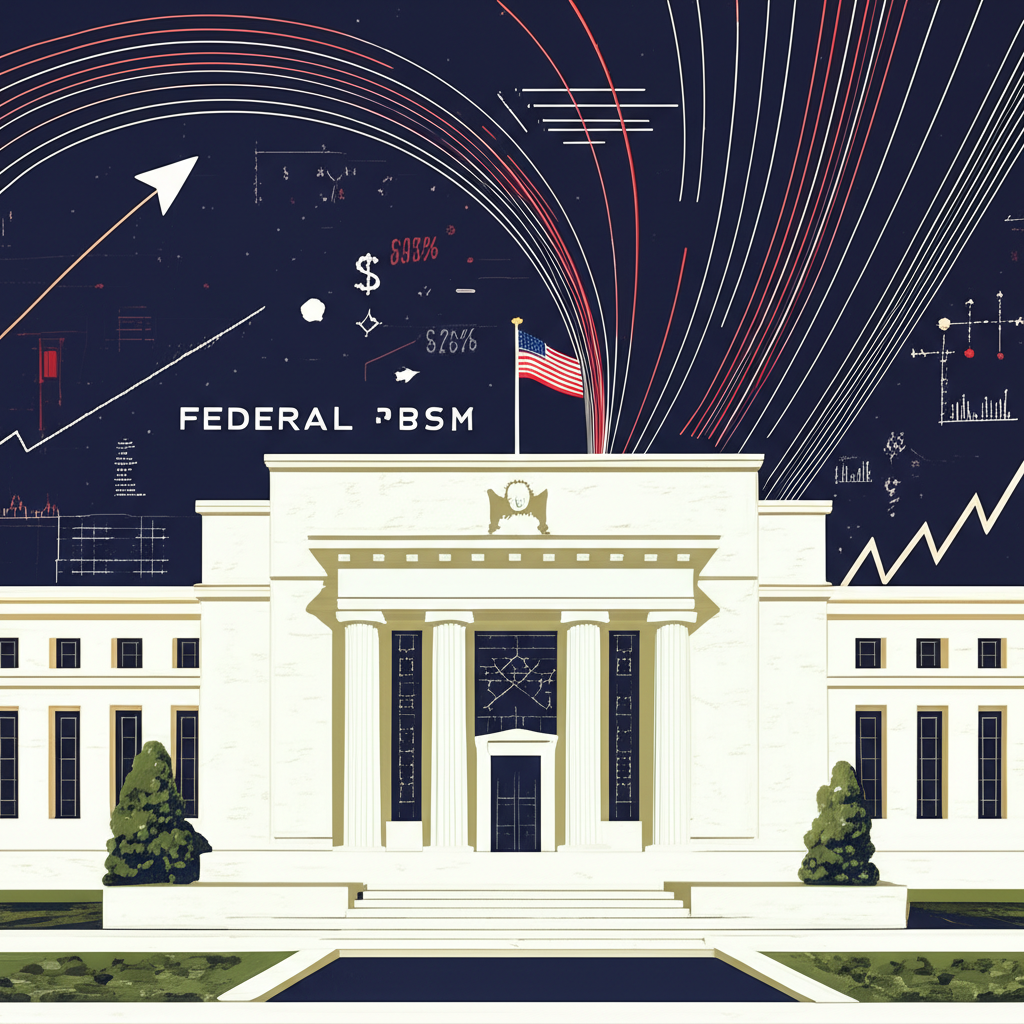 聯邦儲備銀行大樓插圖，環繞全球金融市場與經濟指標的抽象線條與箭頭，中央銀行會議風格