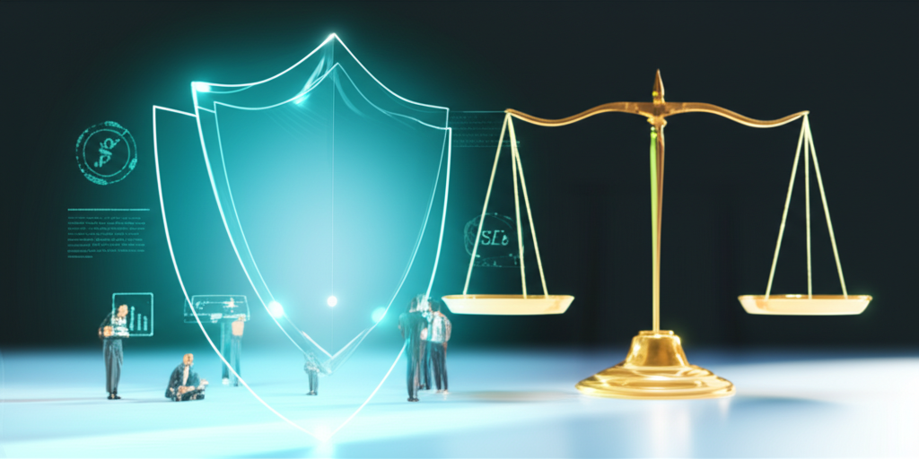 安全透明金融環境插圖,盾牌守護投資者免於詐騙與洗錢,平衡秤象徵公平監管