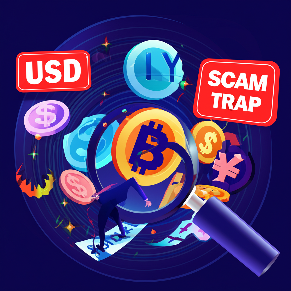 投資人手持放大鏡在複雜的外匯市場中尋找可靠券商，避免落入詐騙陷阱