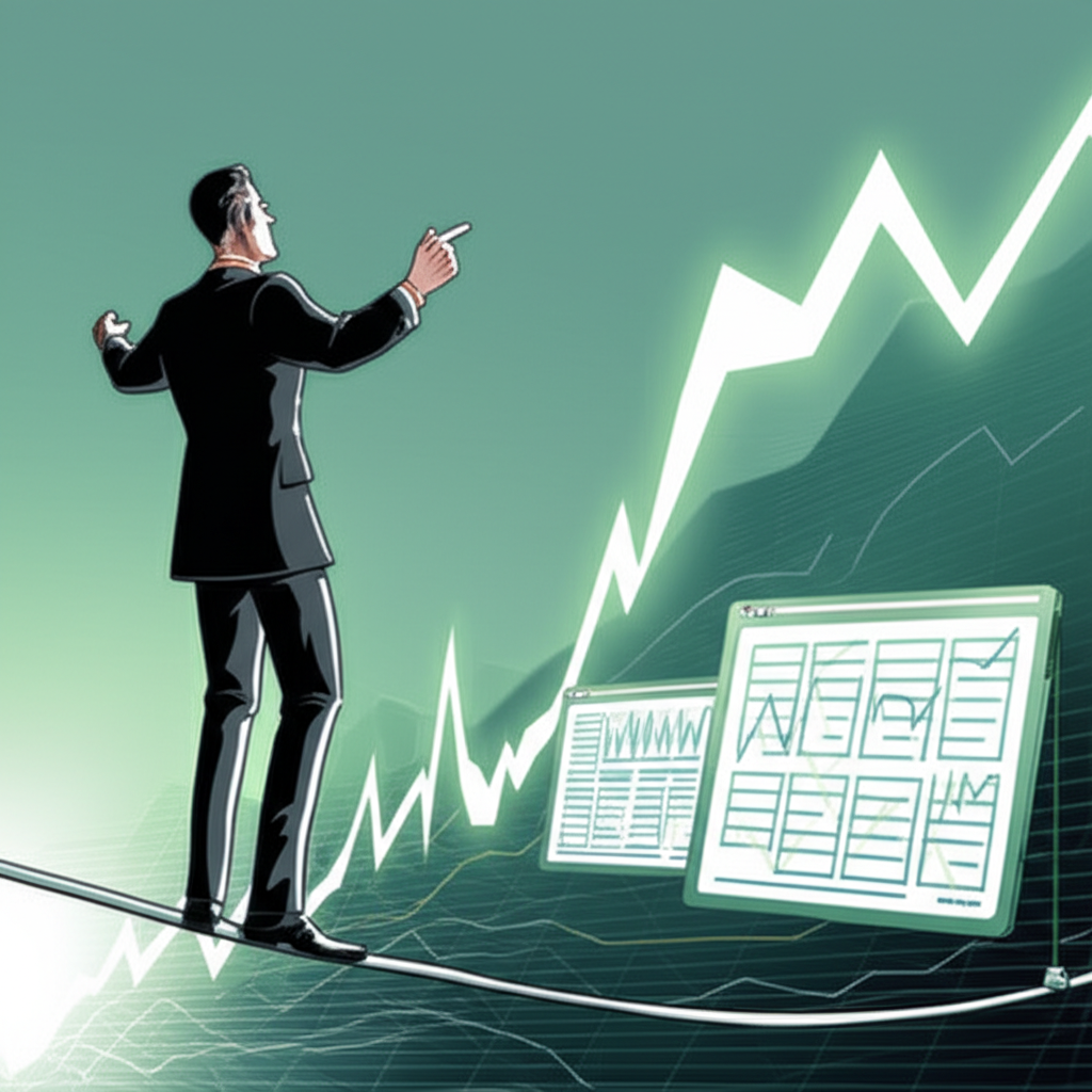 動態金融市場混合長期上升趨勢與短期鋸齒波動的插圖，一位睿智投資者在緊繩上平衡，注視遠方地平線與即時數據螢幕