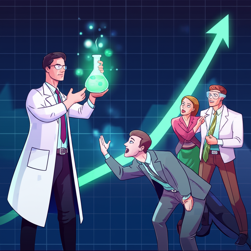 生技股價格圖表向上飆升，科學家手持燒瓶，投資者興奮，象徵高風險高報酬創新與投資機會