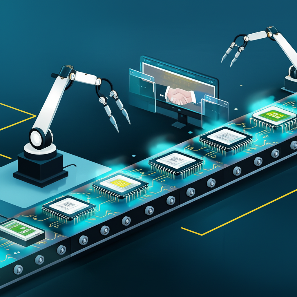 NVIDIA晶片沿著複雜供應鏈順暢流動,機器手臂與生產線通往成功商業交易與新產品發布的插圖