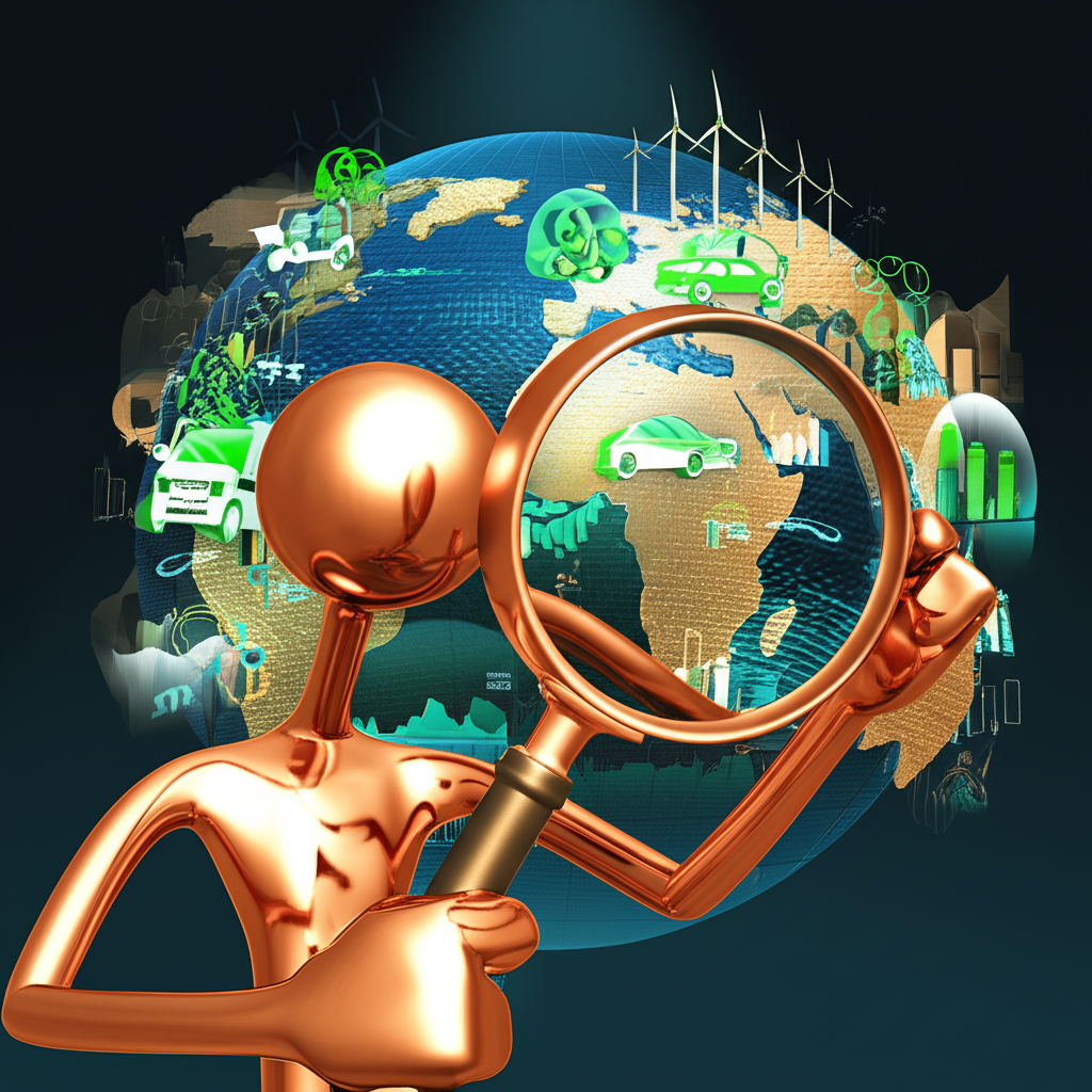 銅博士角色手持放大鏡檢視全球經濟圖表與綠能符號如電動車和風力渦輪機,描繪複雜的銅市場景觀