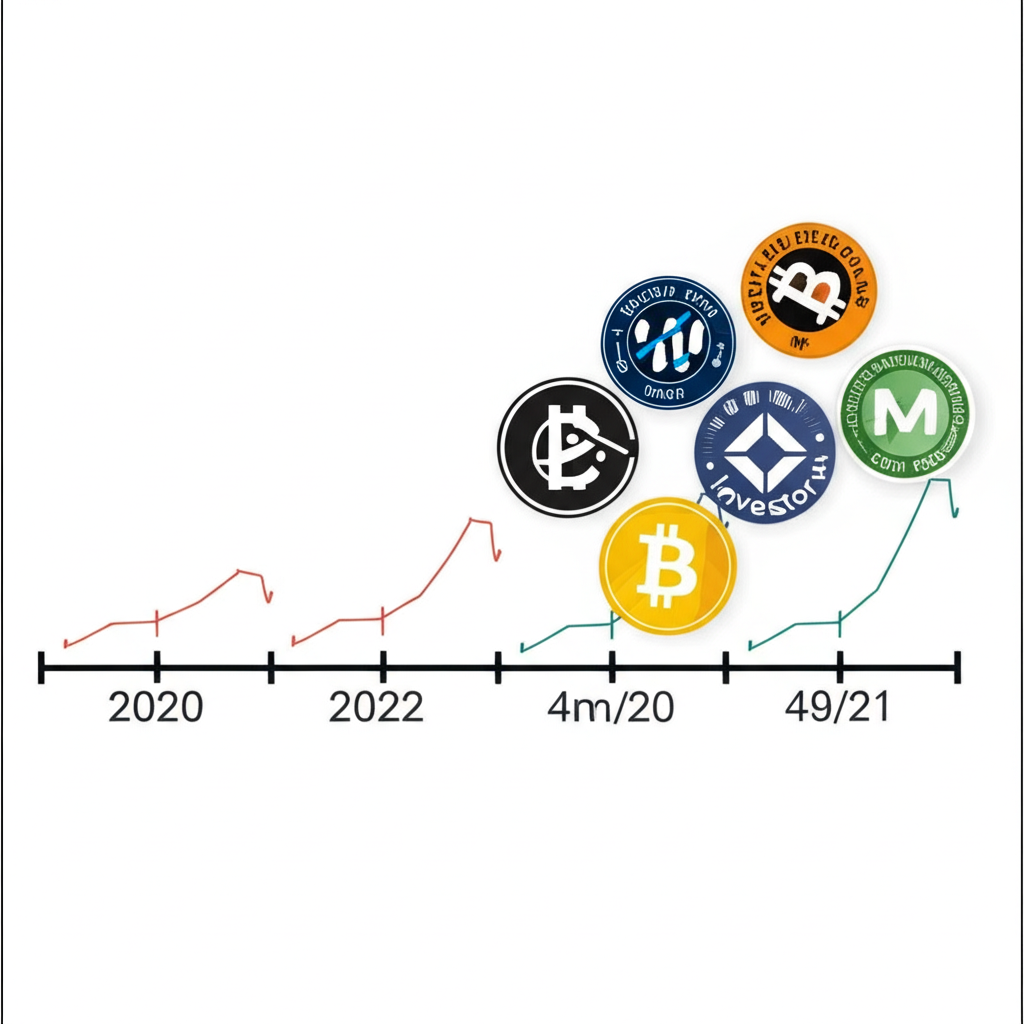 比特幣減半歷史時間線插圖,顯示過去減半日期、價格漲勢圖表,以及機構投資者與ETF符號融入的新區段