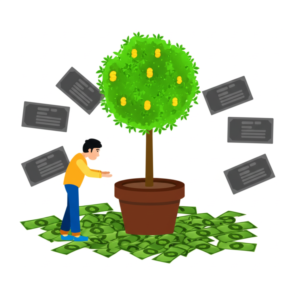 插畫描繪一位投資者看著一棵不斷成長的錢樹,周圍環繞著股票憑證,象徵長期持股所帶來的被動收益與財富增長