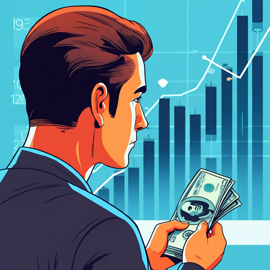 投資者用小資本觀察股市走勢,象徵捕捉機會並學習風險管理的過程