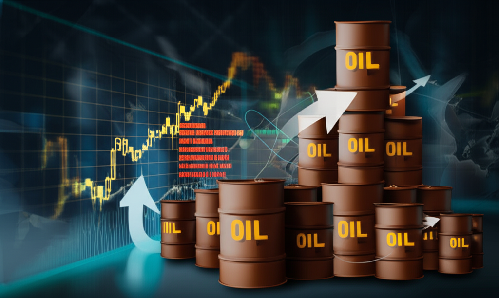全球金融市場中布蘭特原油期貨交易與轉倉概念的插圖,展示油桶和數位圖表
