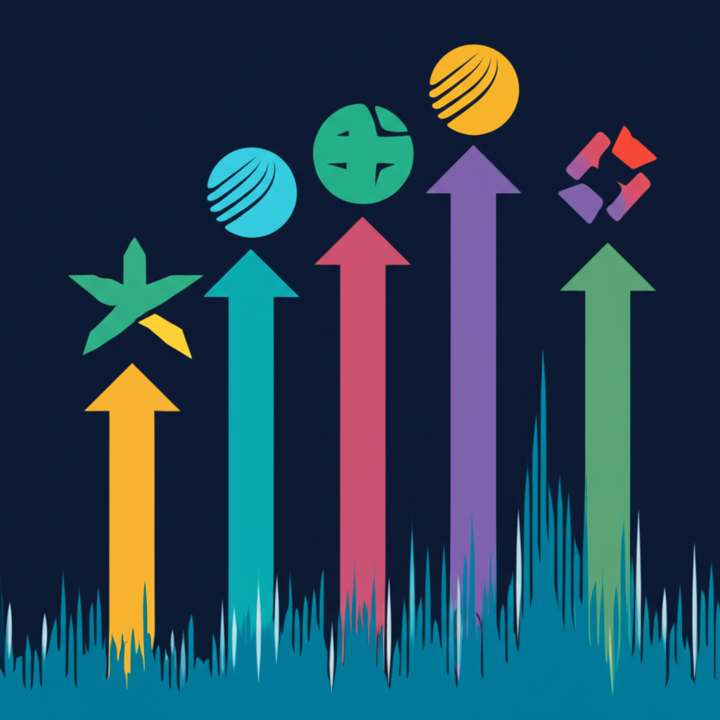 Seven abstract corporate logos or symbols rising above a stock market chart representing the S&P 500 an illustration emphasizing growth and influence