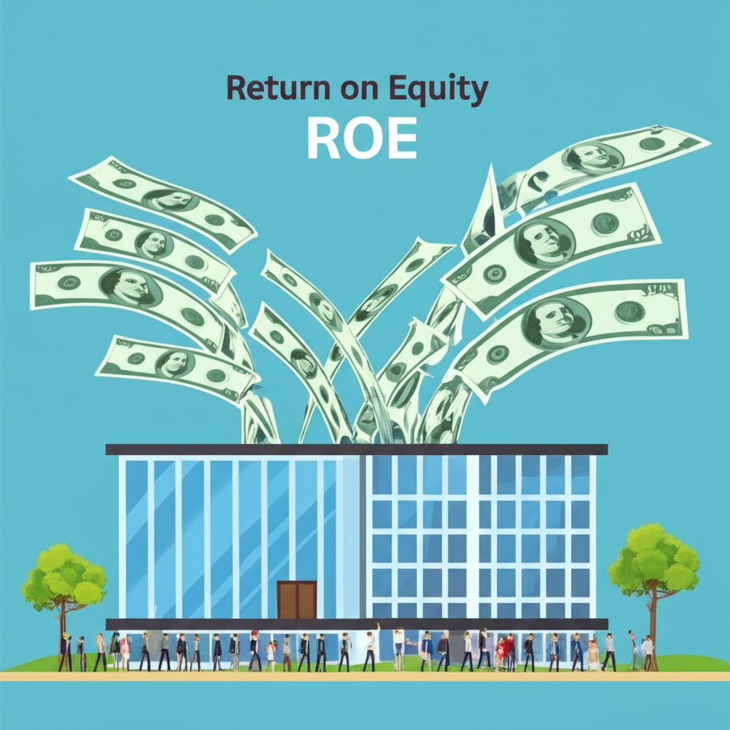A corporate building with money flowing from shareholders into its base then a larger stream of net income flowing out with the ROE equation prominently displayed reflecting profit efficiency illustration style