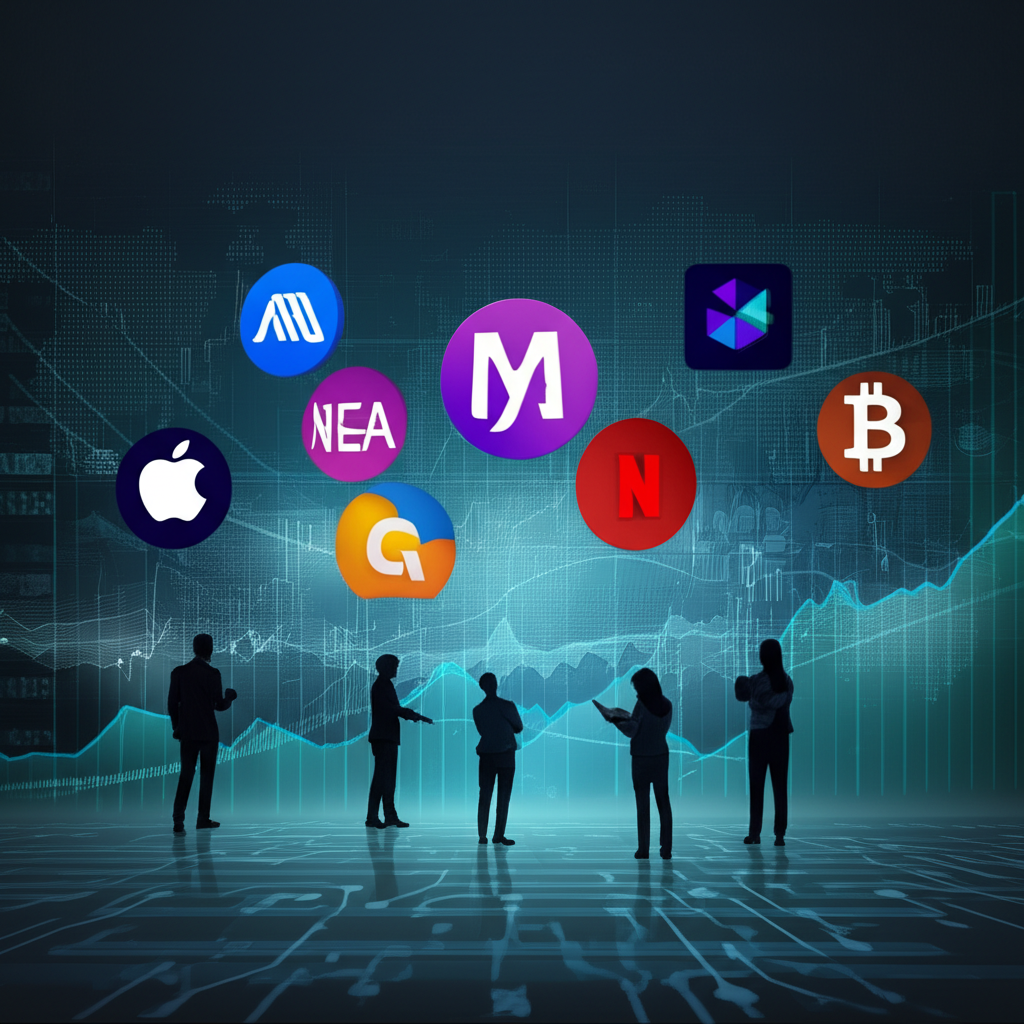 全球金融市場中 MAANG 和美股七巨頭的科技巨頭圖示,AI 時代的動態場景