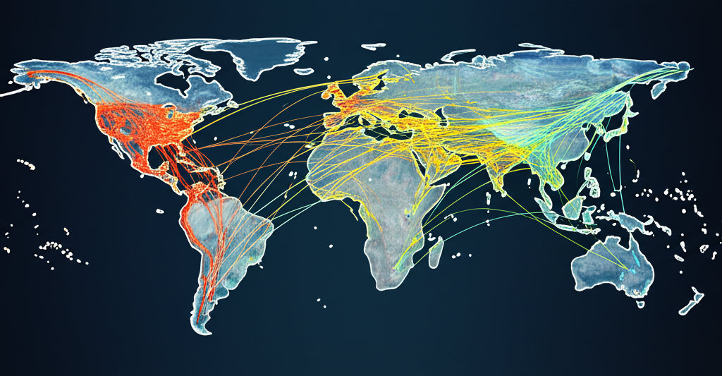 全球經濟地圖與AI電路連接,顯示對大小企業不均勻影響