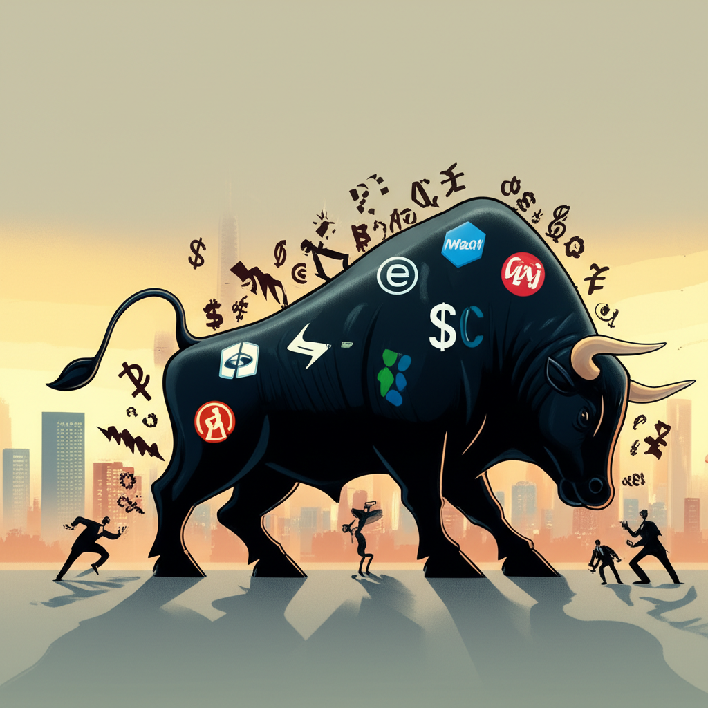 狹隘牛市插圖,公牛背負科技巨頭標誌前行,小型股票符號掙扎跟上,城市景觀背景