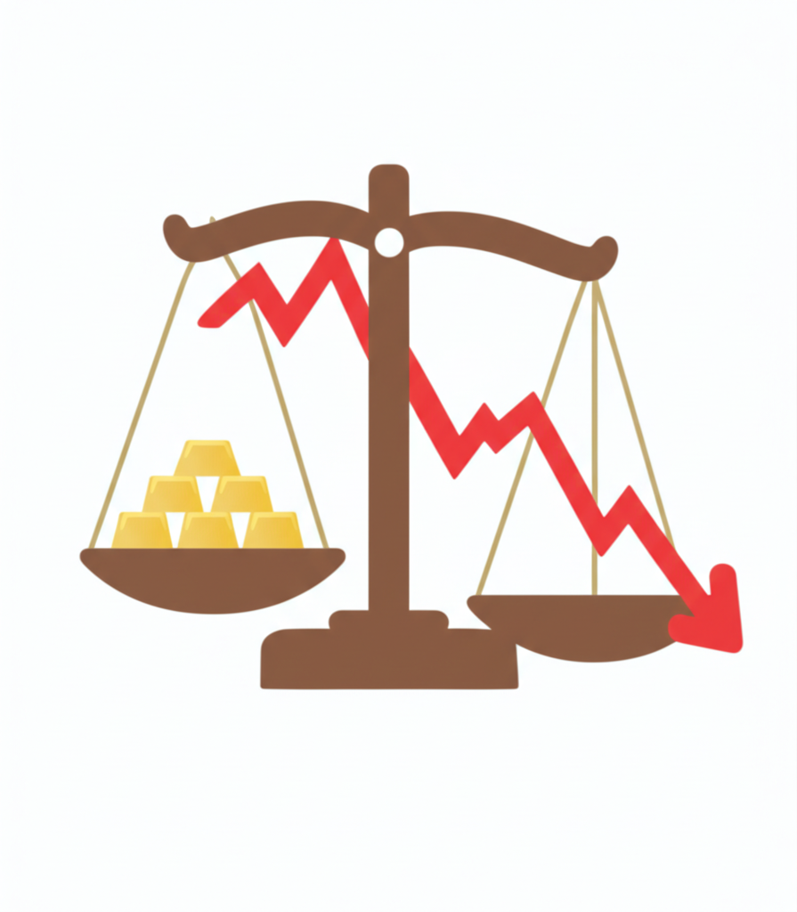 平衡秤一邊黃金上漲另一邊股市下跌,代表金融市場傳統的反向關係