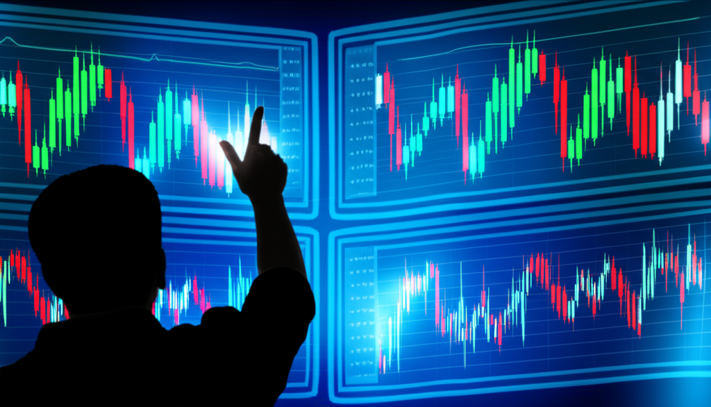 Illustration of a modern financial market with glowing candlestick charts on screens a person analyzing data a metaphor for understanding market dynamics and visual language