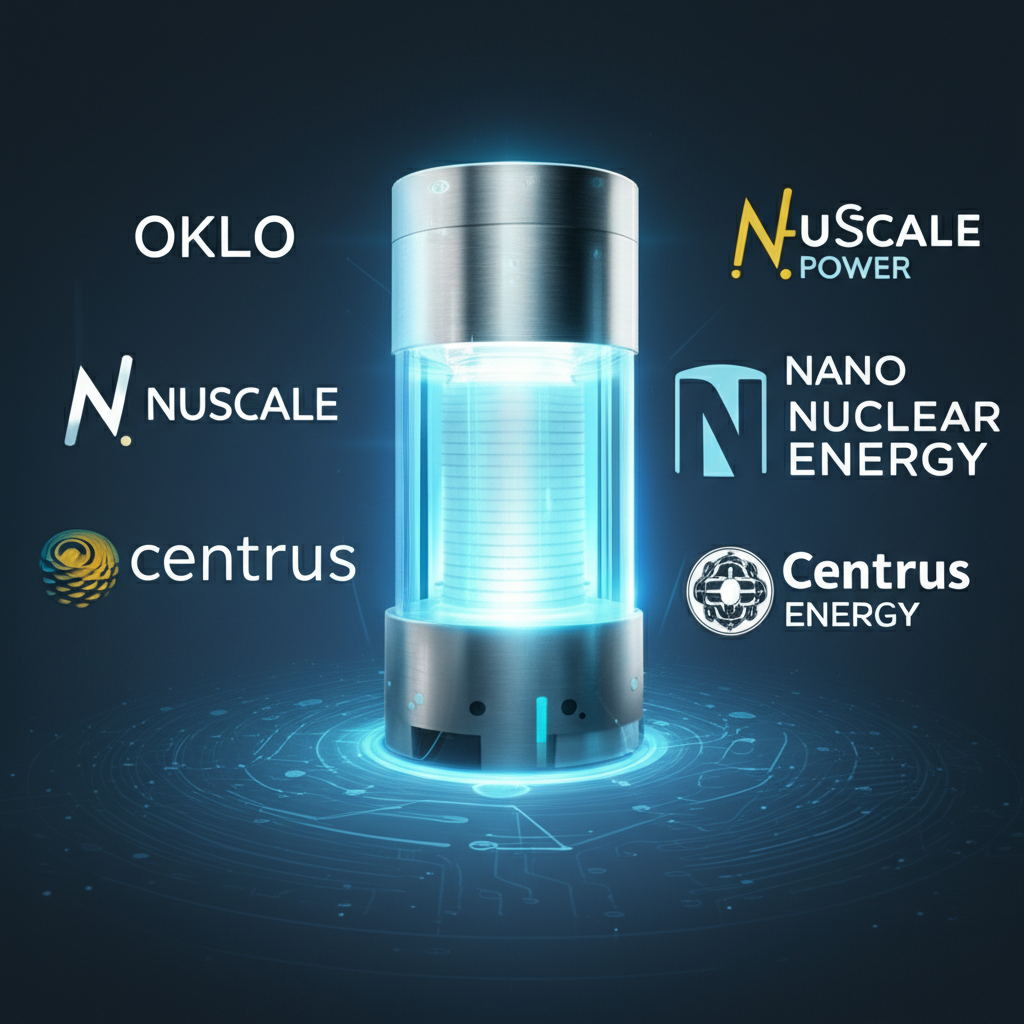 光滑可攜式微型核反應爐設計發光,周圍環繞Oklo、NuScale Power、Nano Nuclear Energy和Centrus Energy等公司標誌,象徵技術創新與合作