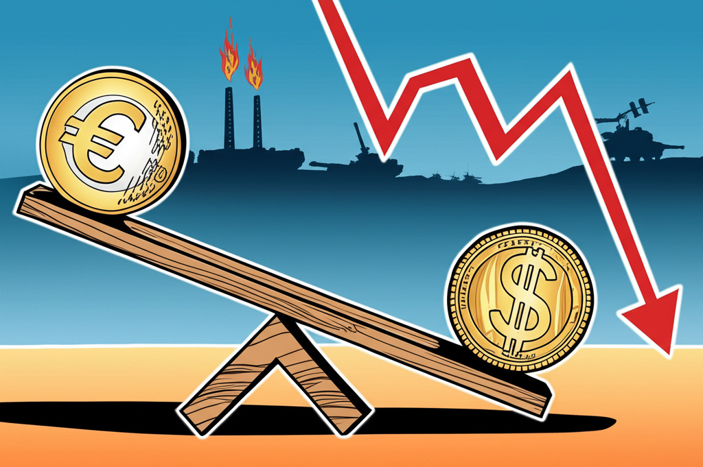 An illustration of a euro coin struggling against a strong dollar coin on a seesaw with a downward trend line in the background symbolizing 2022 currency exchange fluctuations with elements representing war and energy crisis