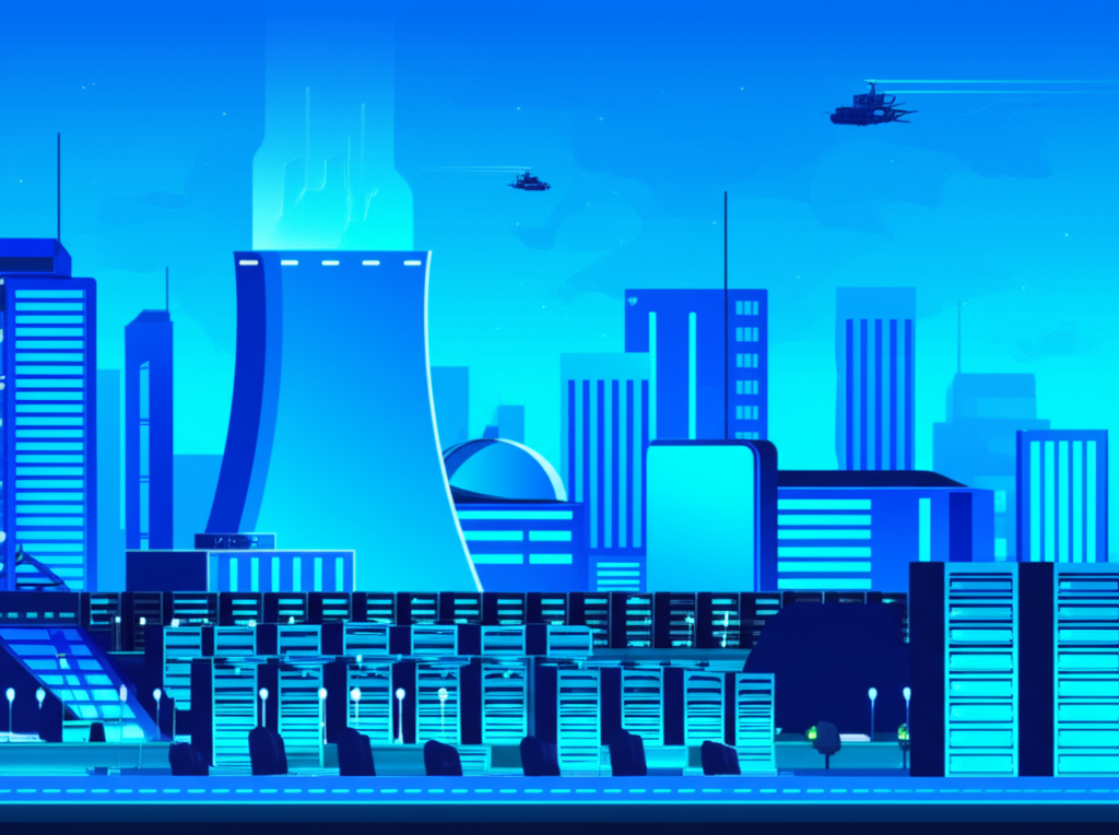 未來城市景觀,包含發光的核電廠和數據中心,強調創新與經濟成長