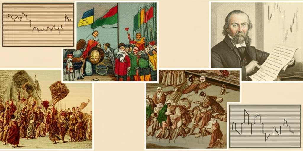 歷史市場事件插圖，如荷蘭鬱金香狂熱與日本米市交易，演進至查爾斯·道及其理論