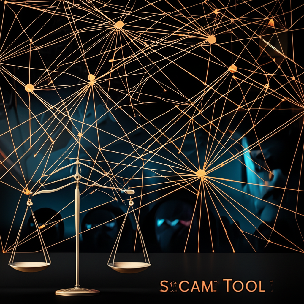 一幅圖示對比合法金融工具如平衡天平,與高槓桿交易的複雜網絡及陰影人物,象徵詐騙溫床