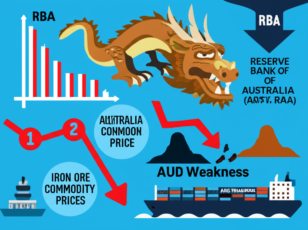 導致澳幣疲弱的三大因素圖解：澳洲央行利率、大宗商品價格下滑與中國經濟放緩的關聯示意圖
