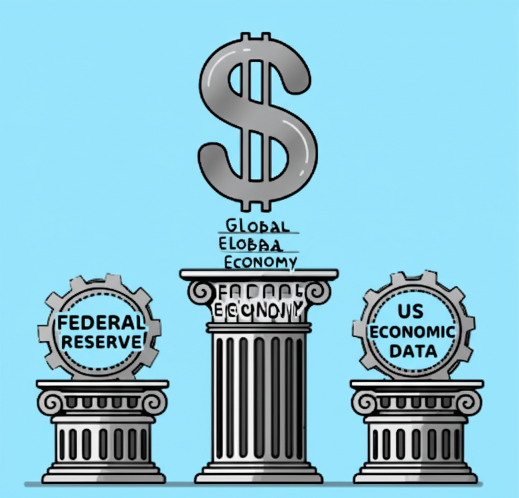 美元強勢三大驅動力的插圖,三個支柱標示聯準會、全球經濟和美國經濟數據,支撐巨型美元符號