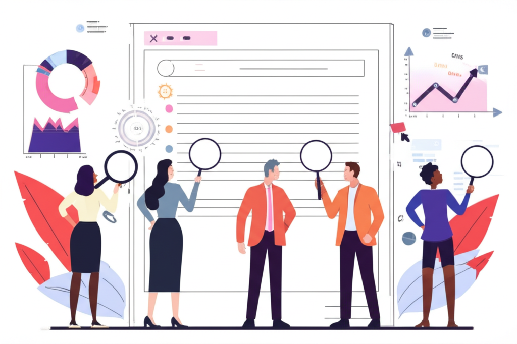 金融分析師手持放大鏡檢視潛力股清單，現代辦公室環繞圖表象徵深度研究與成長潛力