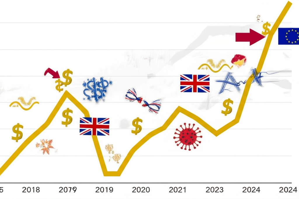 2014至2024年黃金價格動態圖表，顯示聯準會政策、貿易爭端、英國脫歐、疫情與地緣衝突等影響下的波動線條