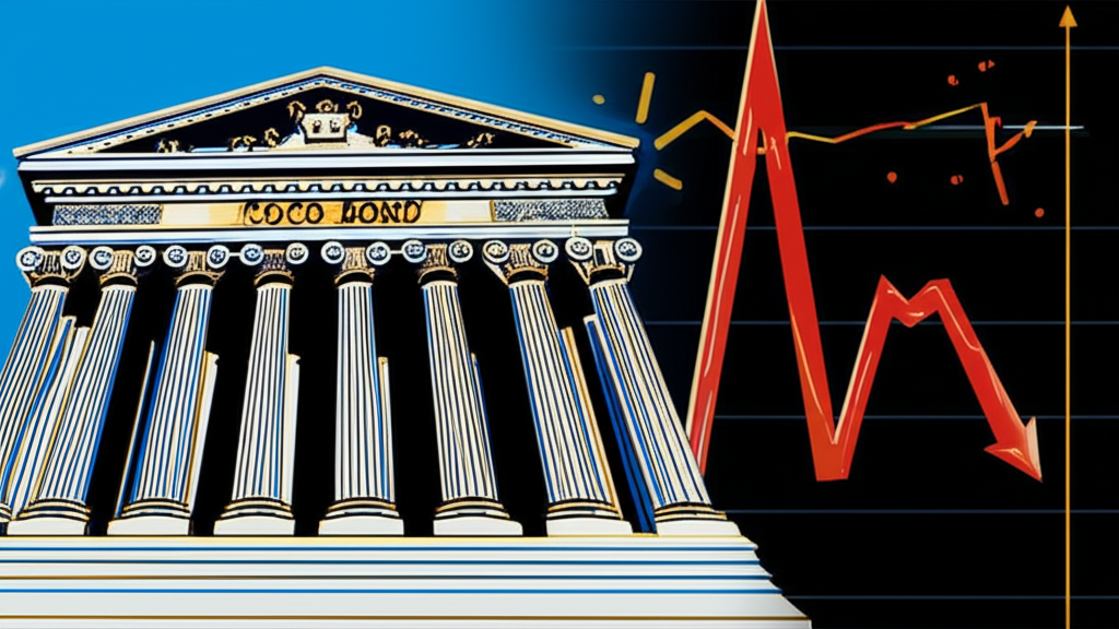 複雜金融市場中應急可轉換債券的爭議性元素，顯示銀行建築與崩跌圖表強調風險與關注