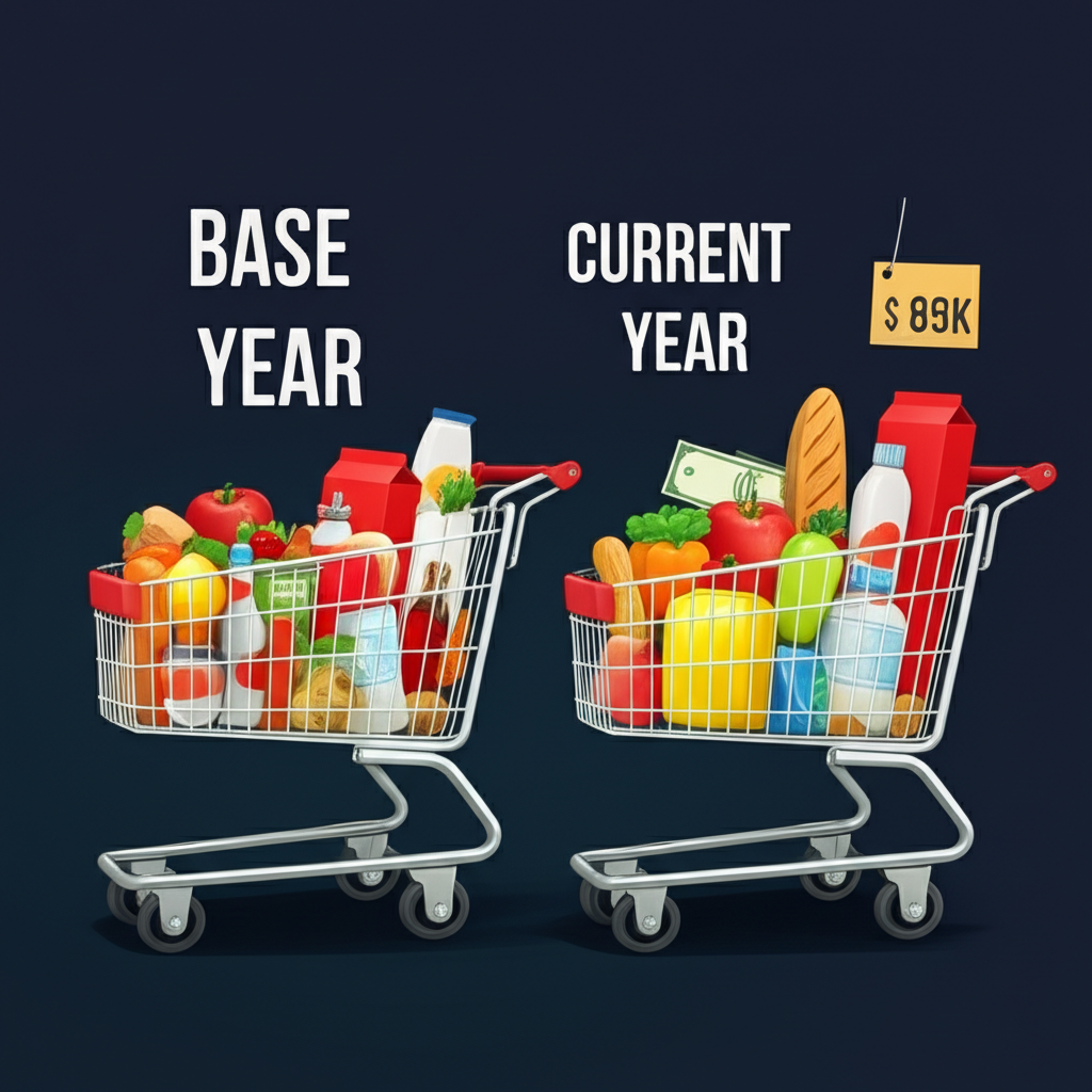 An illustration comparing two shopping carts one labeled base year with fewer items and one labeled current year with the same items but higher prices indicating inflation