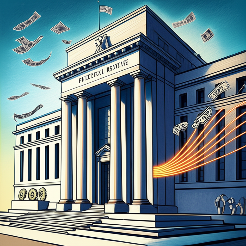 聯準會建築象徵緊縮政策吸引全球資本的插圖,顯示齒輪與資金流向