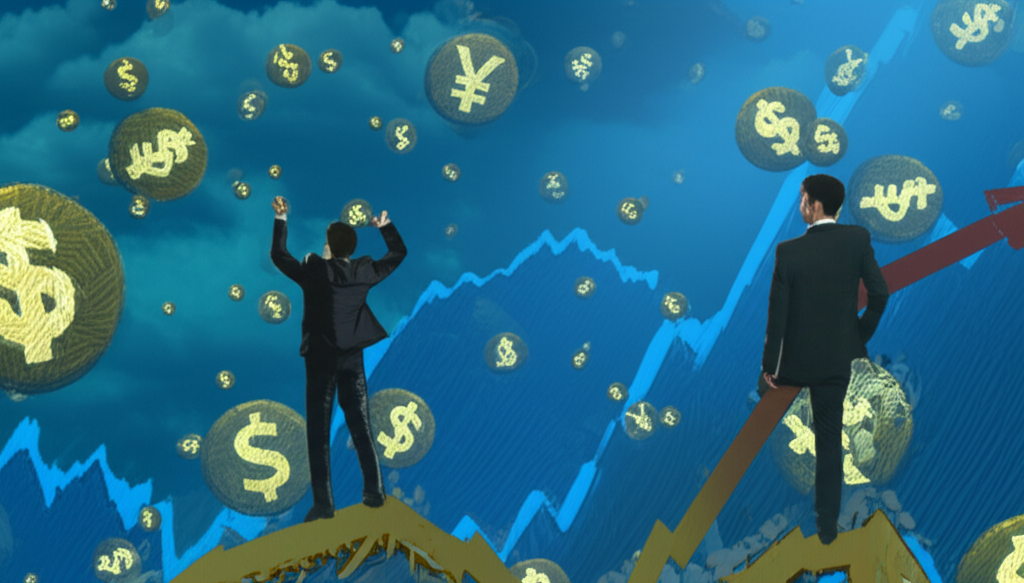 投資人站在波動的財務圖表上，周圍環繞股票和貨幣圖標，象徵CFD交易中投機價格變動而不需擁有實物資產