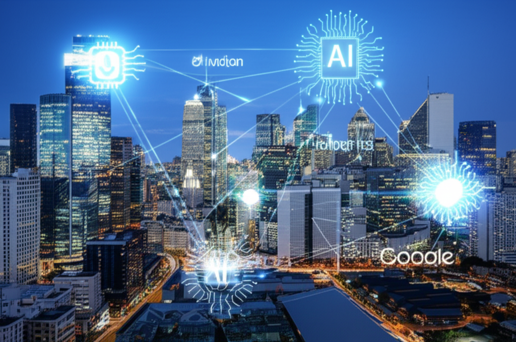 金融區繁忙景象與科技公司標誌連結AI腦部符號，象徵財報季與AI投資競爭焦點