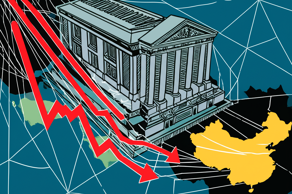 全球經濟因素交織，包括央行建築、商品價格下跌圖表和中國地圖，共同削弱澳幣