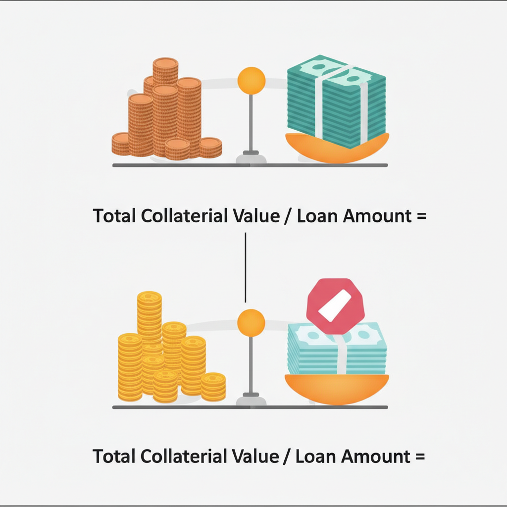 平衡秤一側堆放寶貴股票，另一側疊放錢幣代表貸款金額，清楚顯示總擔保價值除以貸款金額的計算