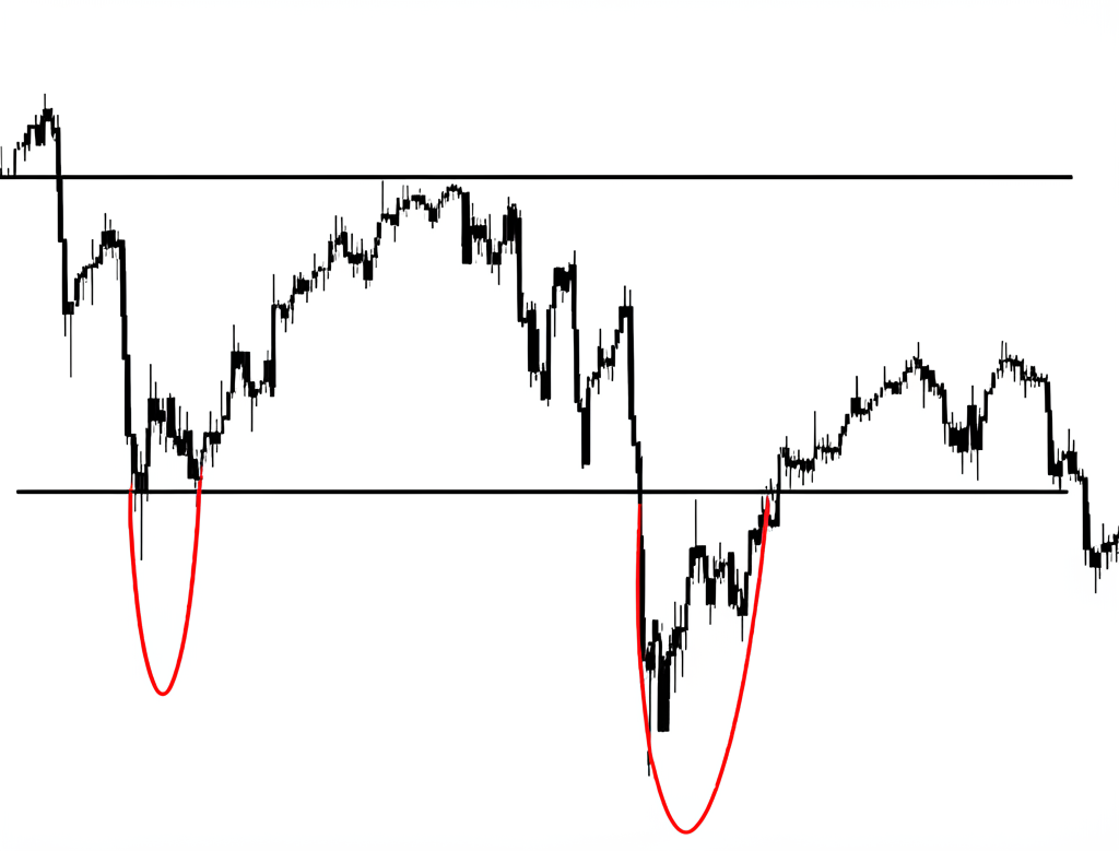 股票圖表顯示W底雙重底型態，兩個谷底與頸線，經典技術分析反轉形成