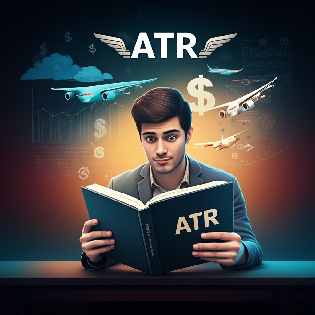 ATR 綜合指南書籍插圖，讀者好奇探索金融與航空的多重符號與概念