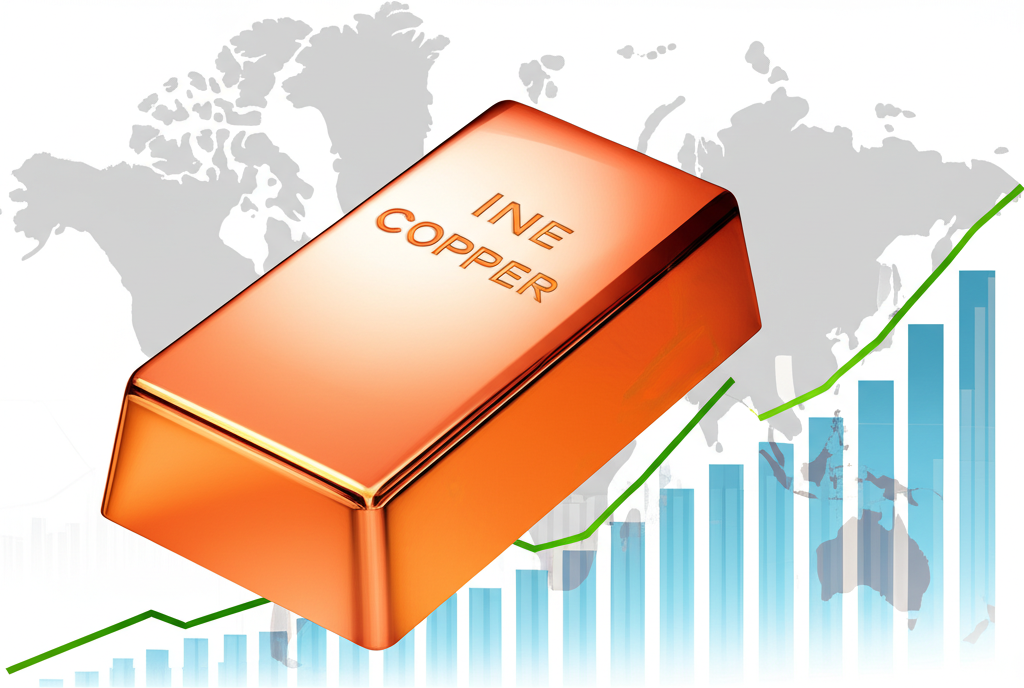 銅錠與世界地圖背景,象徵全球經濟與貿易的工業之母概念