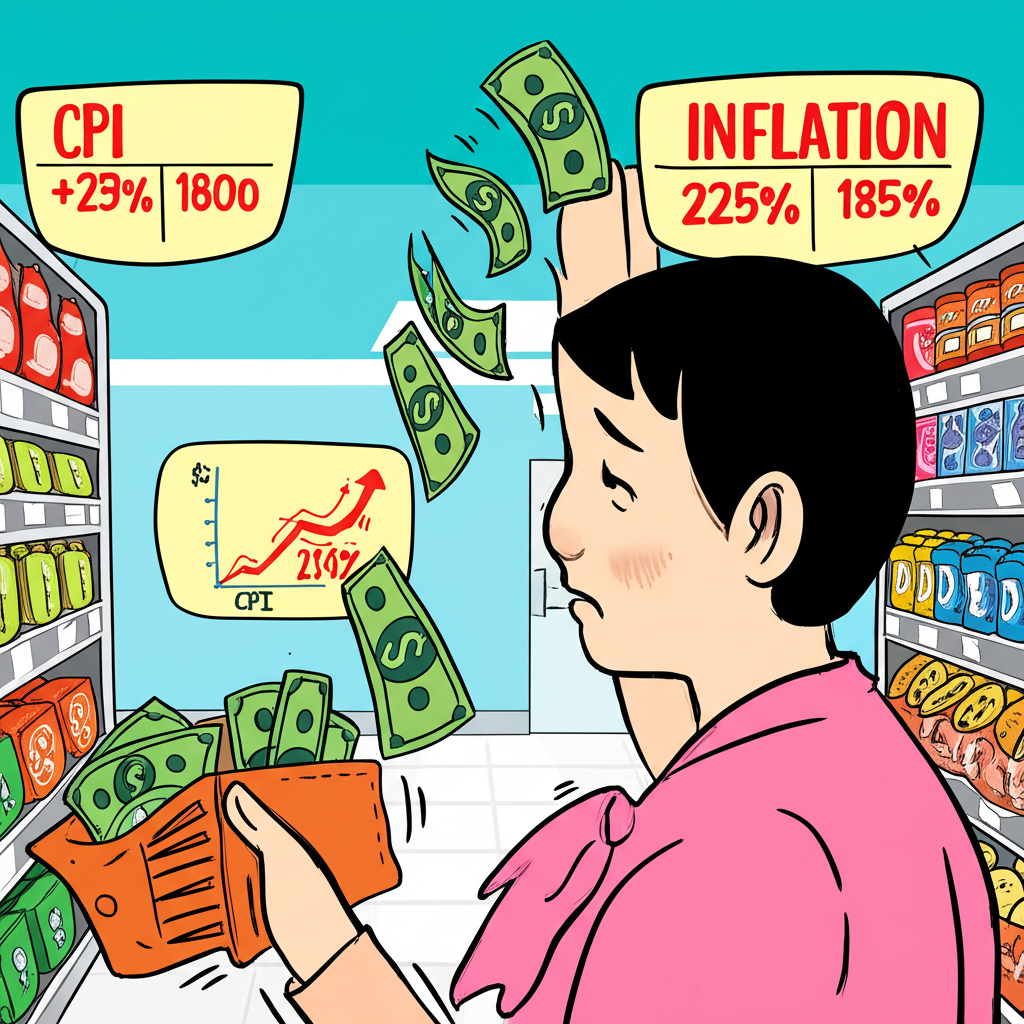 消費者面對超市物價上漲的擔憂情境,背景顯示通貨膨脹和消費者物價指數圖表