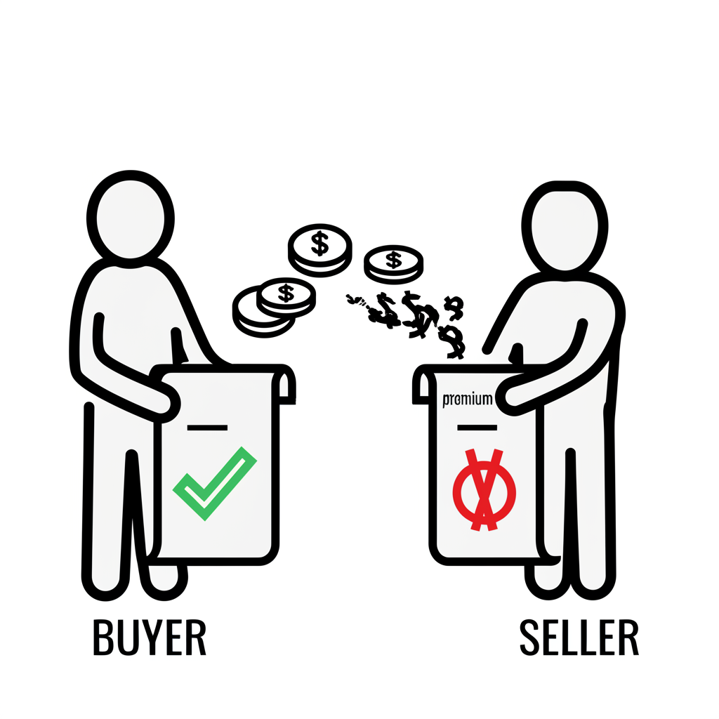 買方與賣方圖示：買方持權利捲軸，賣方持義務捲軸，資金從買方流向賣方代表權利金