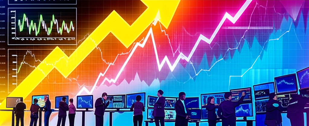 Illustration of a vibrant global financial market with upward trending stock charts and diverse investors looking at screens a blend of opportunity and challenge