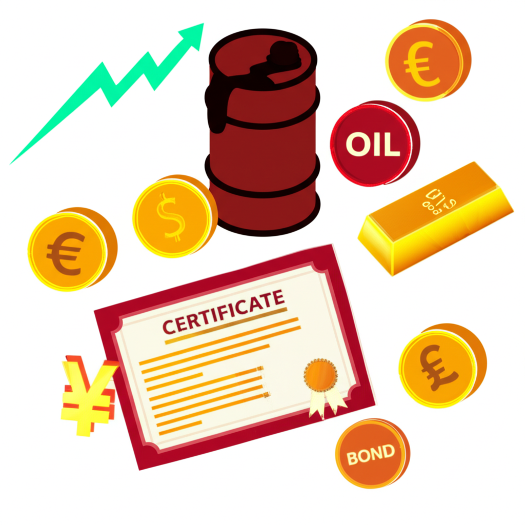 各種圖標代表不同期貨類型，包括股票圖表、石油桶、黃金條、貨幣符號和債券證書