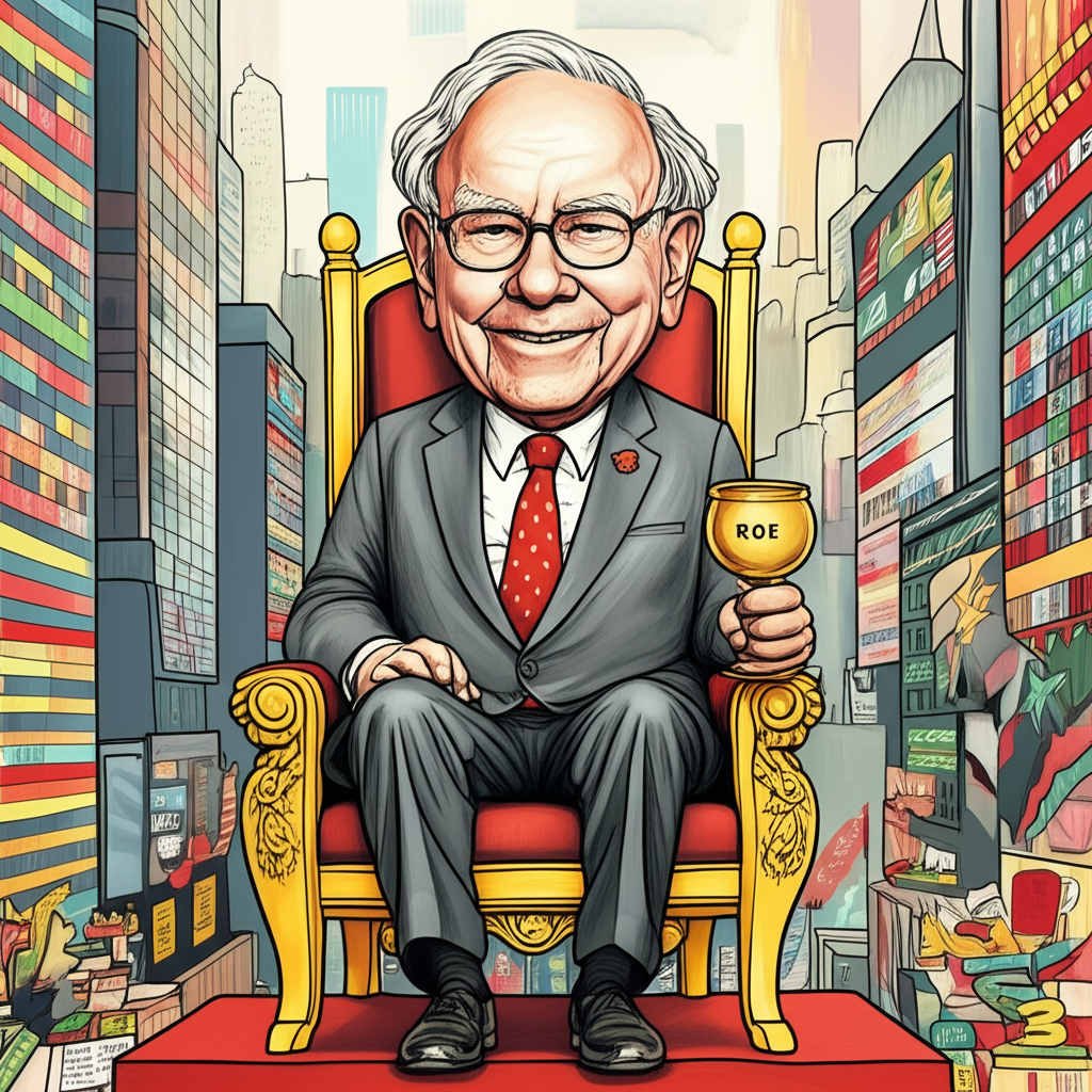 A caricature of Warren Buffett sitting on a golden throne holding a chalice labeled ROE surrounded by a bustling stock market cityscape symbolizing his successful value investing philosophy illustration style