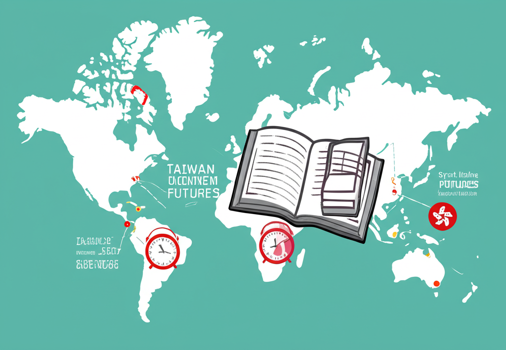 台灣與香港市場地圖,突出期貨商品如股價指數期貨與個股期貨,顯示交易時間與開戶帳冊