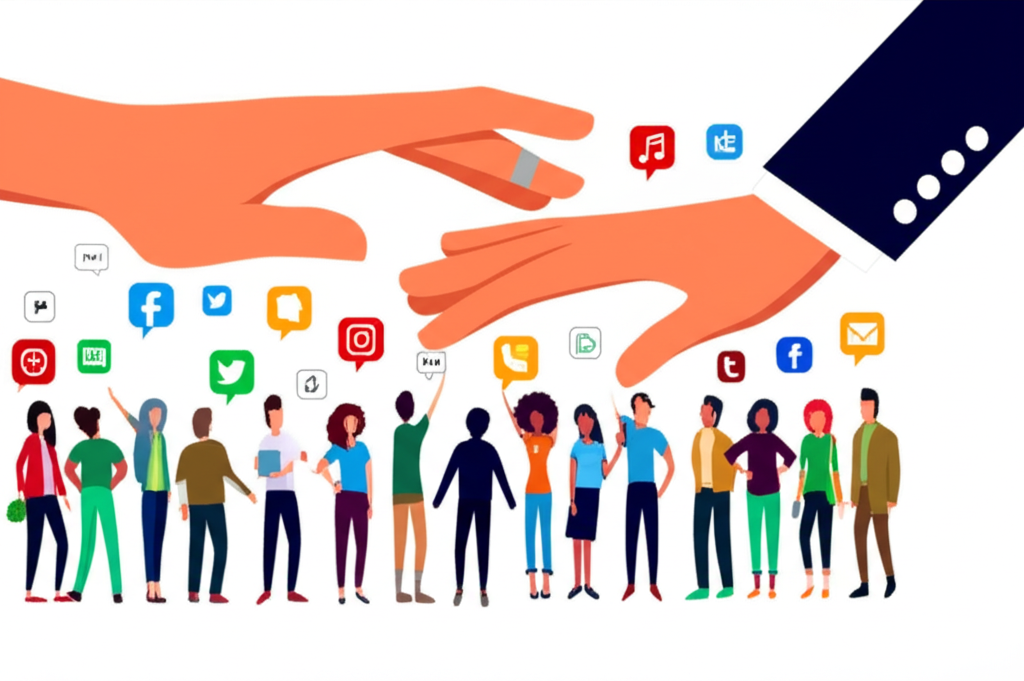 An illustration depicting a giant hand representing a tech giant like Tesla influencing a smaller crowd of diverse retail investors. Social media icons float around them showing collective action a modern illustration